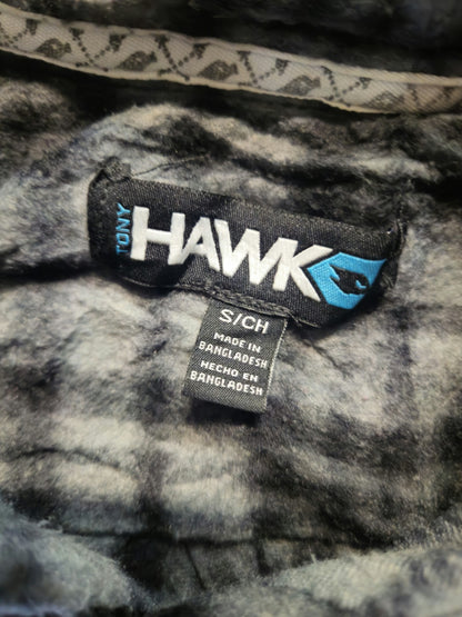 Tony HAWK Men’s S Gray Blue Plaid Hooded Button Flannel Pocket Shirt 