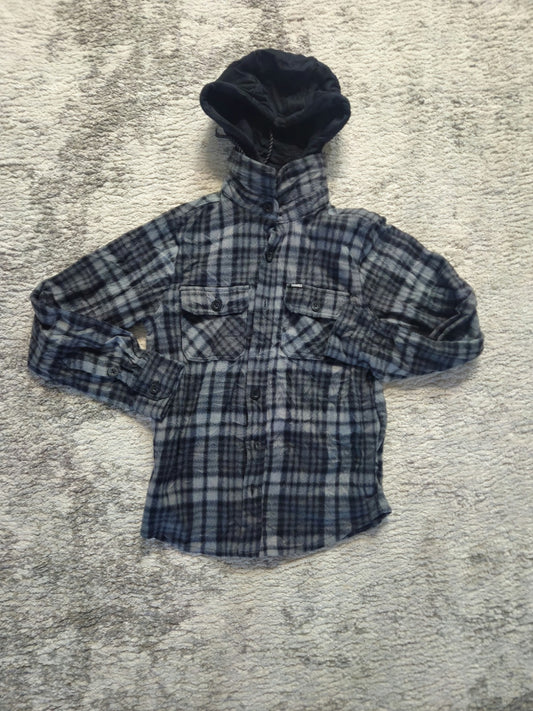 Tony HAWK Men’s S Gray Blue Plaid Hooded Button Flannel Pocket Shirt 
