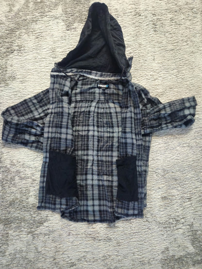 Tony HAWK Men’s S Gray Blue Plaid Hooded Button Flannel Pocket Shirt 