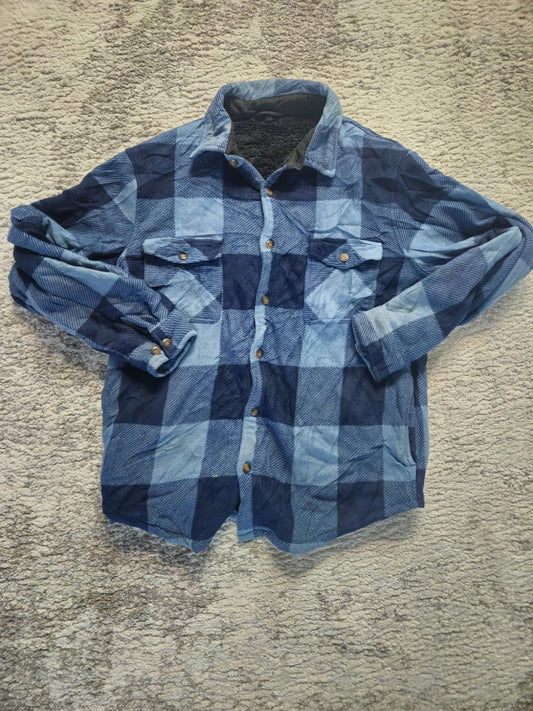 MENS OUTDOOR SHERPA BUTTON UP BLUE PLAID SHIRT SIZE LARGE
