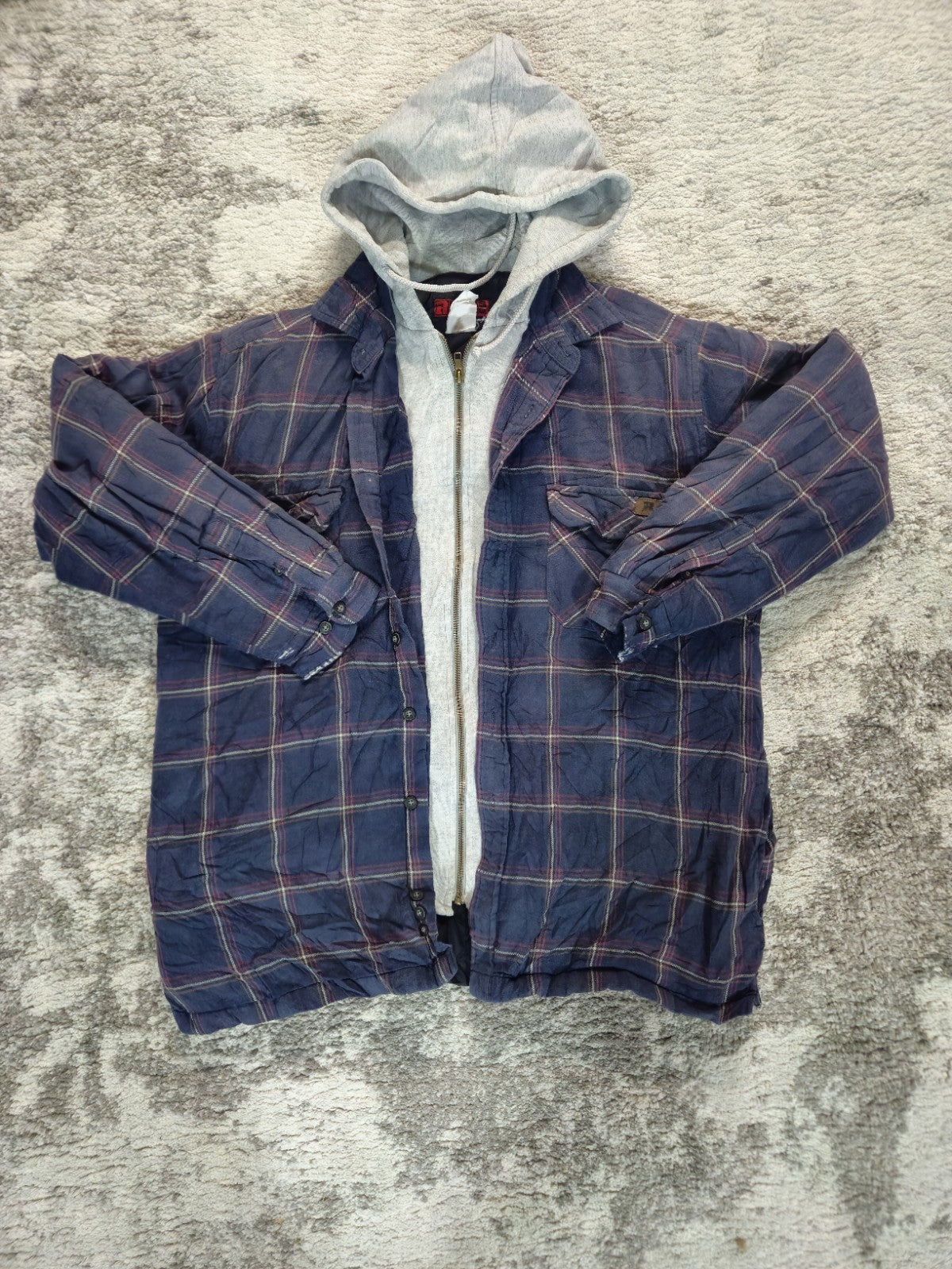 Riggs Workwear By Wrangler Men L Blue Plaid Jacket with Gray Hoodie faded