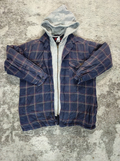 Riggs Workwear By Wrangler Men L Blue Plaid Jacket with Gray Hoodie faded