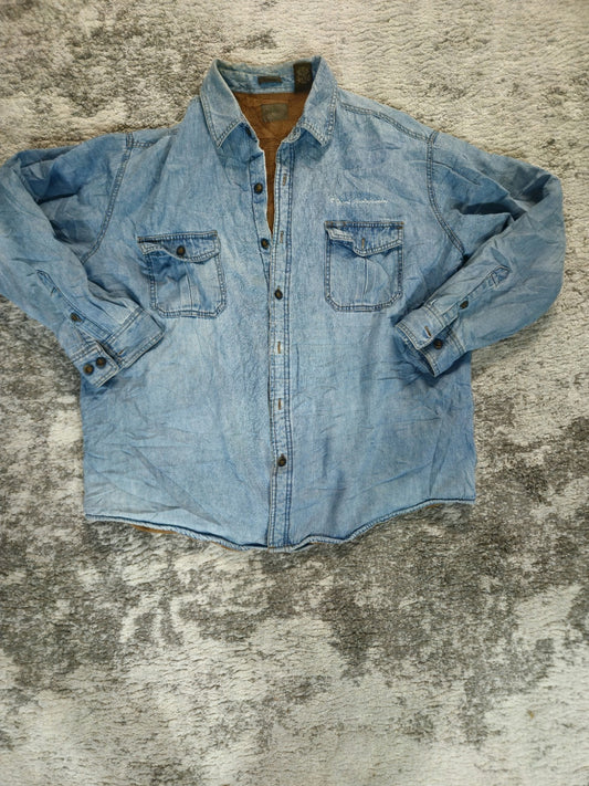 VTG St. Johns Bay Men's 2XL Denim Fleece-Lined Shirt Jacket Workwear DISTRESSED 