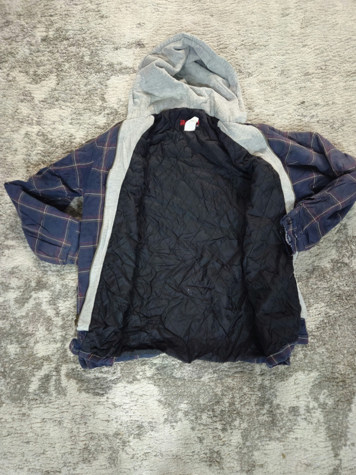 Riggs Workwear By Wrangler Men L Blue Plaid Jacket with Gray Hoodie faded