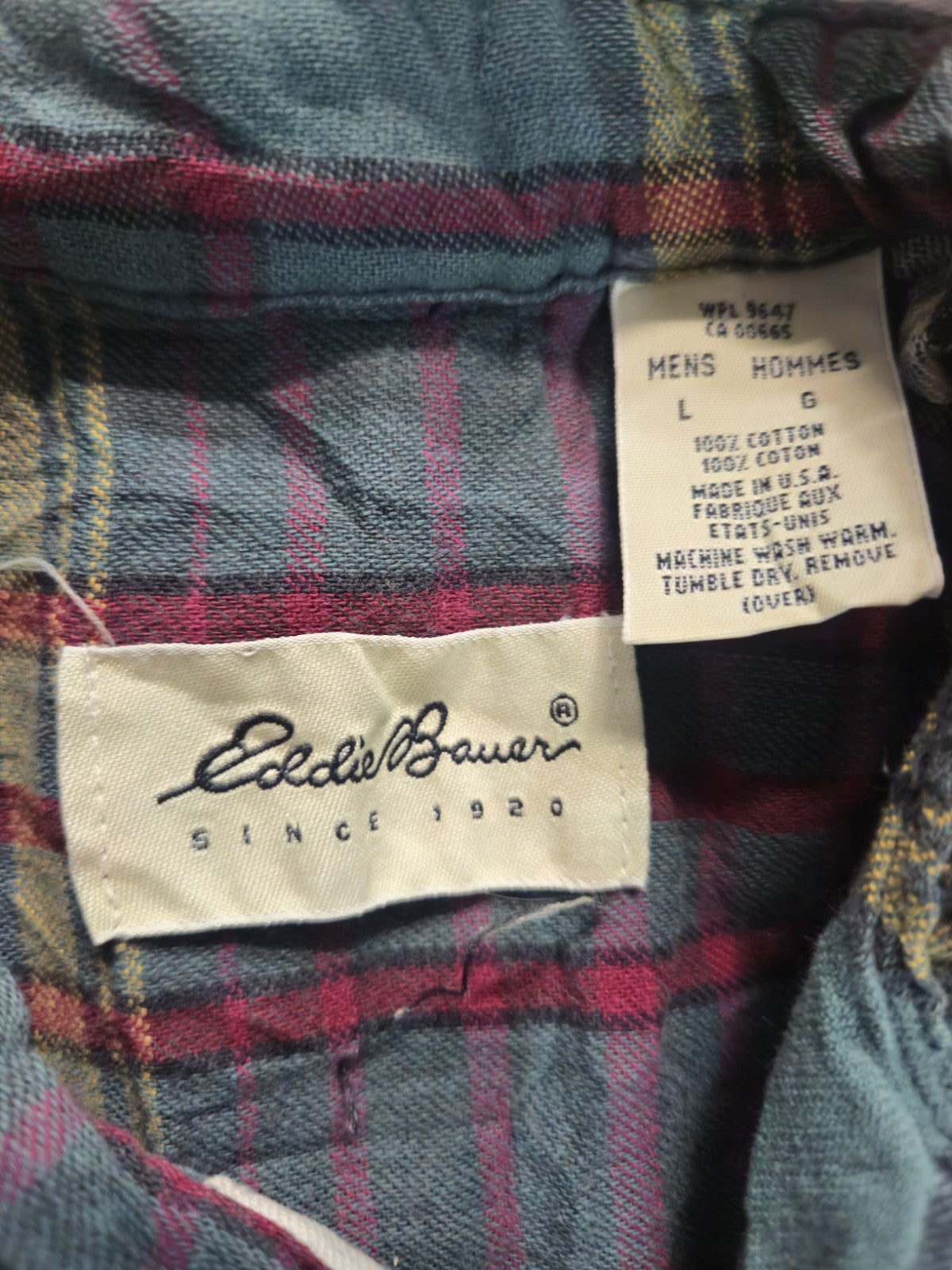  vintage Eddie Bauer flannel lined Size L shirt Made in USA 100% cotton